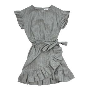 Vestique Gray Brown Striped Ruffle Wrap Tie Waist Mini Dress